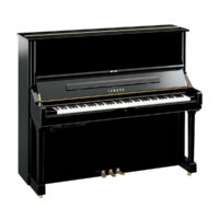 Yamaha upright piano with polished black finish.