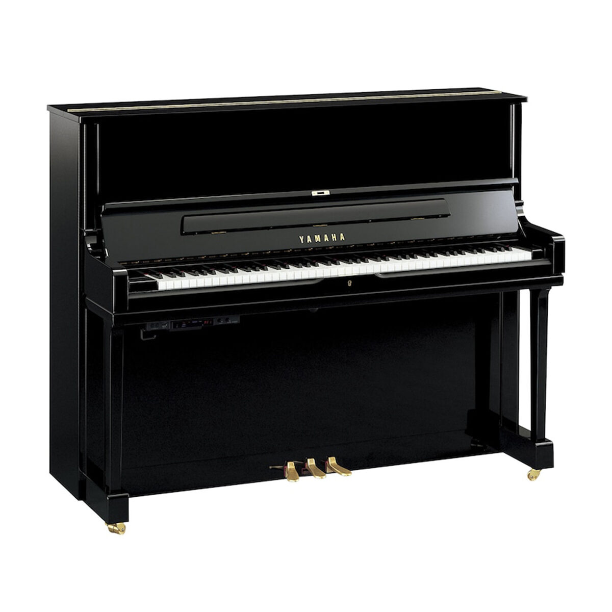 Yamaha upright piano with ebony high-gloss finish.