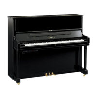 Yamaha upright piano with ebony high-gloss finish.