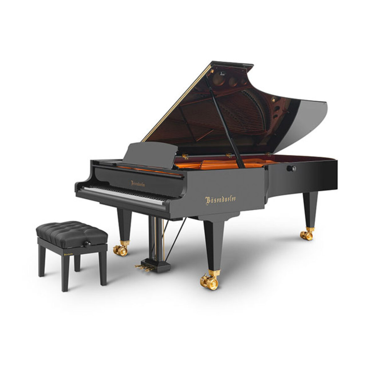 Bösendorfer grand piano with glossy black finish and matching padded bench, shown in a studio setting.