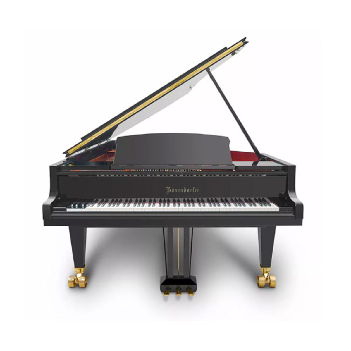 Bösendorfer grand piano, polished black finish, lid open, showcasing keys and gold accents.