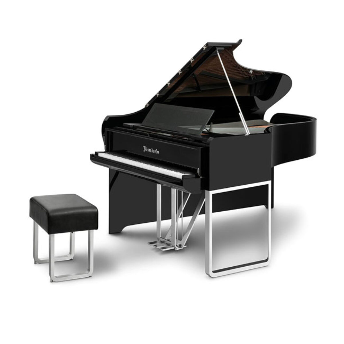 Bösendorfer grand piano with a glossy black finish and matching bench in a showroom setting.