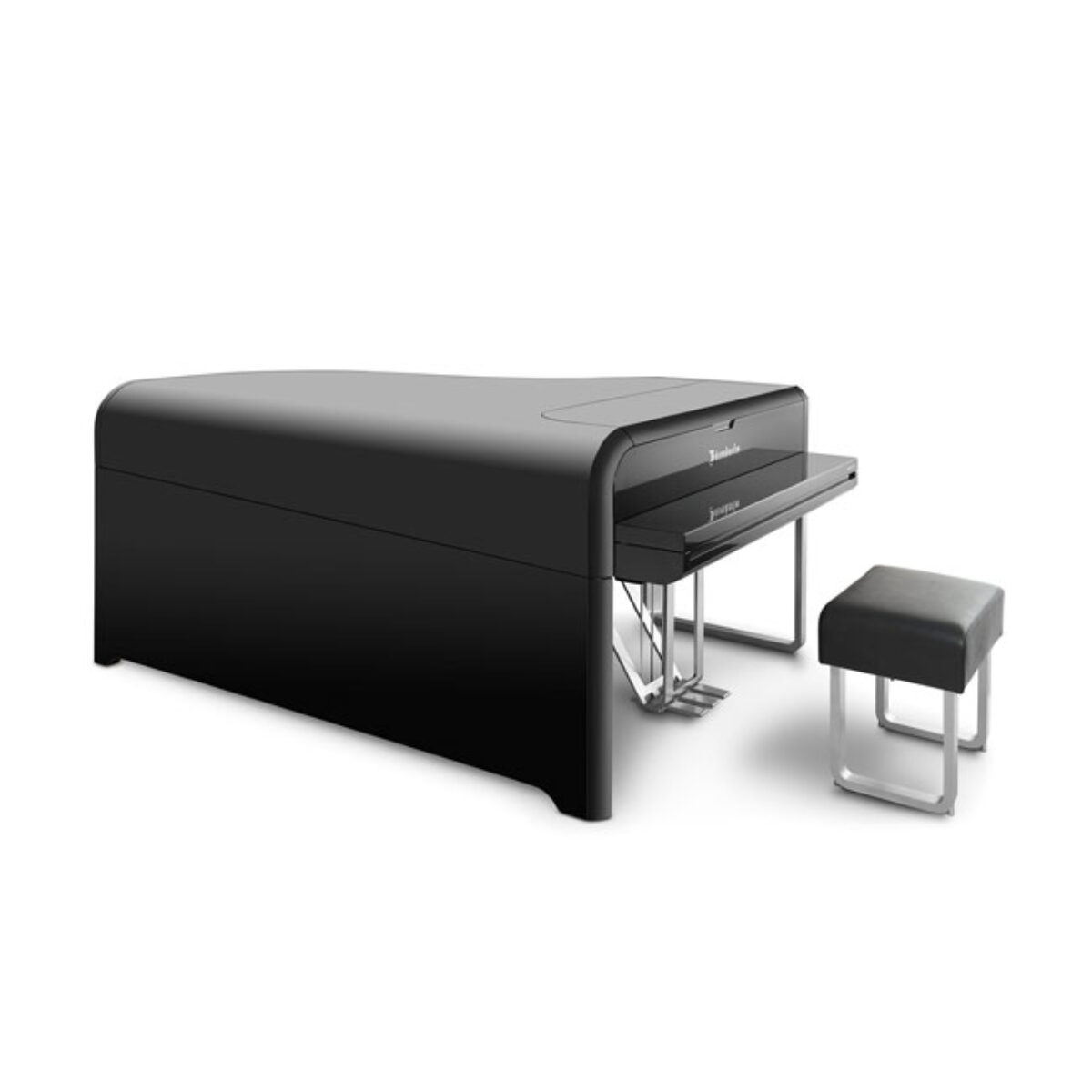 Modern black grand piano with a sleek design and matching bench.