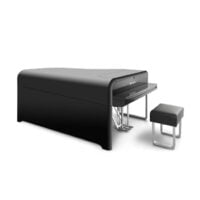 Modern black grand piano with a sleek design and matching bench.