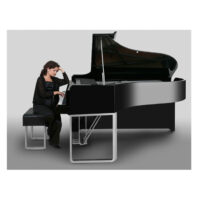 Woman playing a black grand piano with modern design in a minimalistic setting.