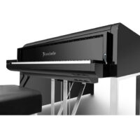 Bösendorfer upright piano with a black finish and bench in a modern setting.