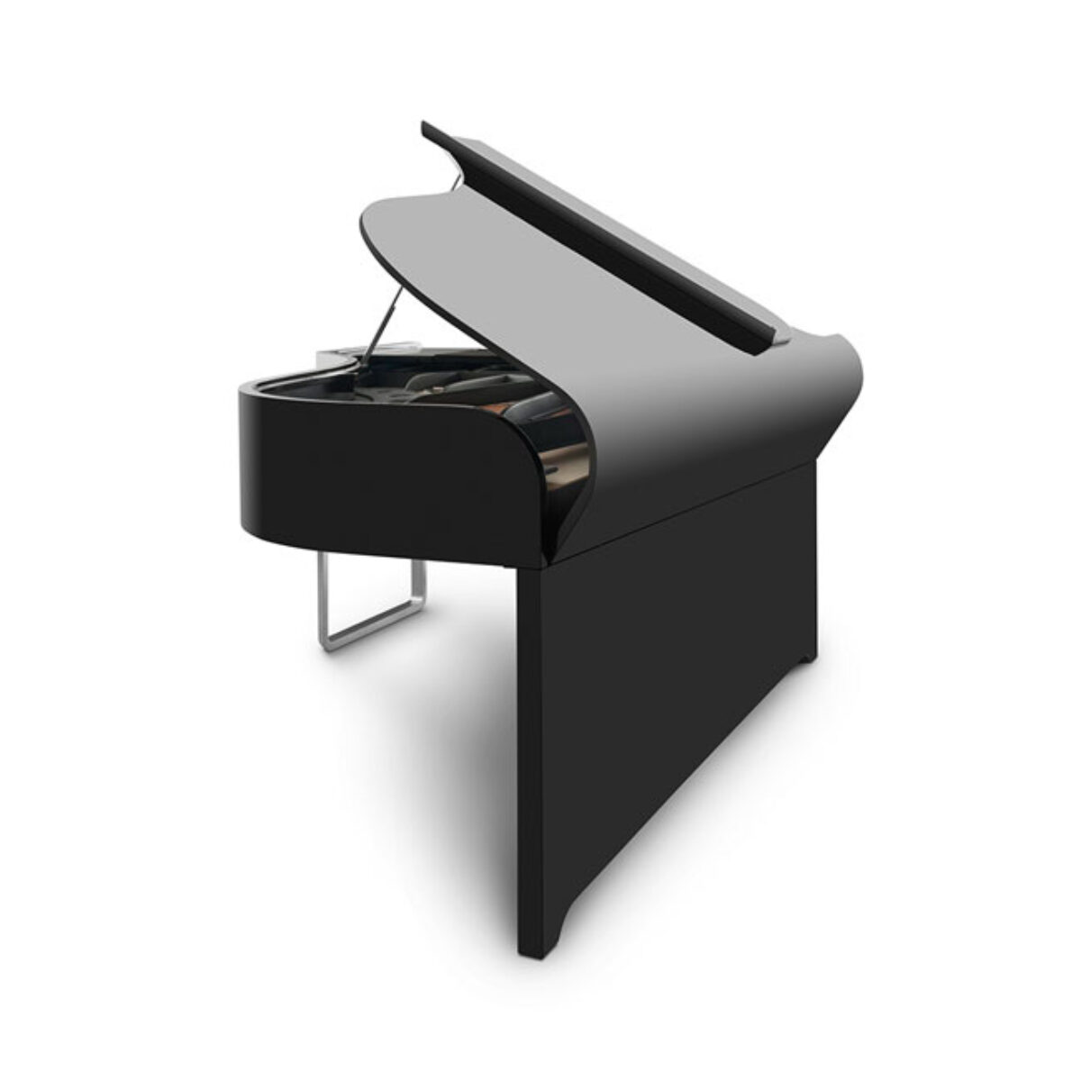 Modern black digital grand piano with sleek finish and partially open lid.