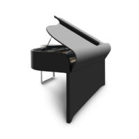 Modern black digital grand piano with sleek finish and partially open lid.