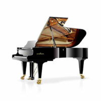 Schimmel grand piano with lid open, polished black finish.