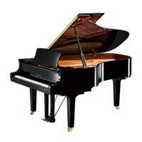Yamaha grand piano with polished black finish and open lid in showroom setting.