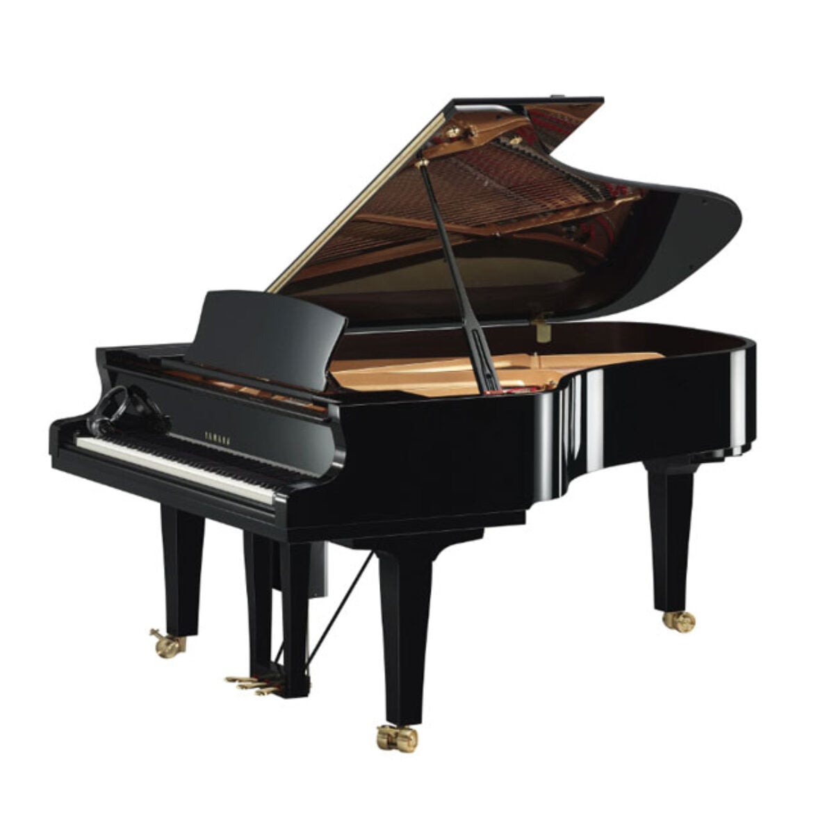 Yamaha grand piano in polished ebony finish with lid open, showcasing strings and soundboard.