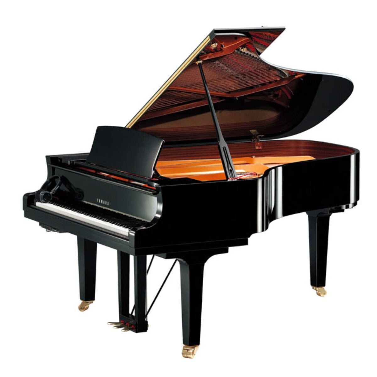 Yamaha grand piano with open lid showing polished black finish and strings.