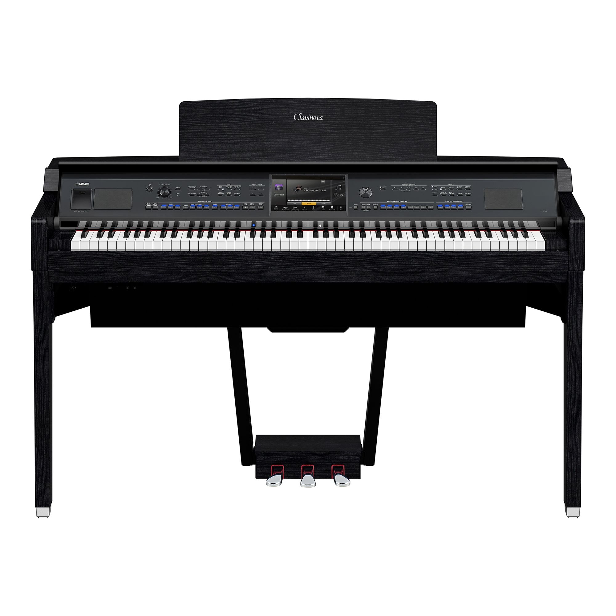 Yamaha Clavinova digital piano, black finish, three pedals, front view, high-quality home or showroom setting.