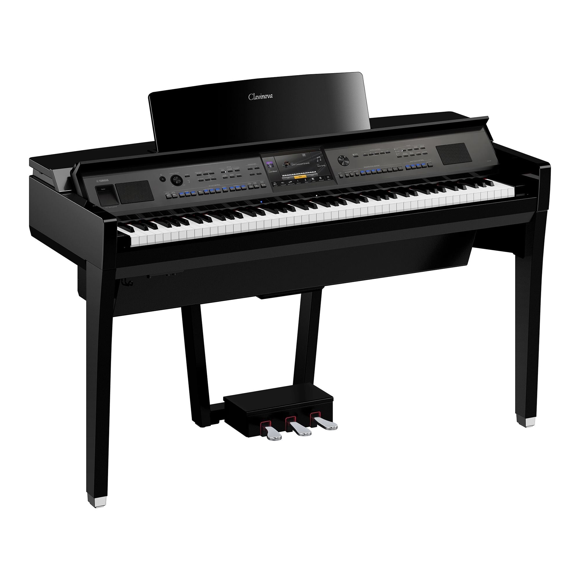 Yamaha Clavinova digital piano with black finish and advanced control panel.