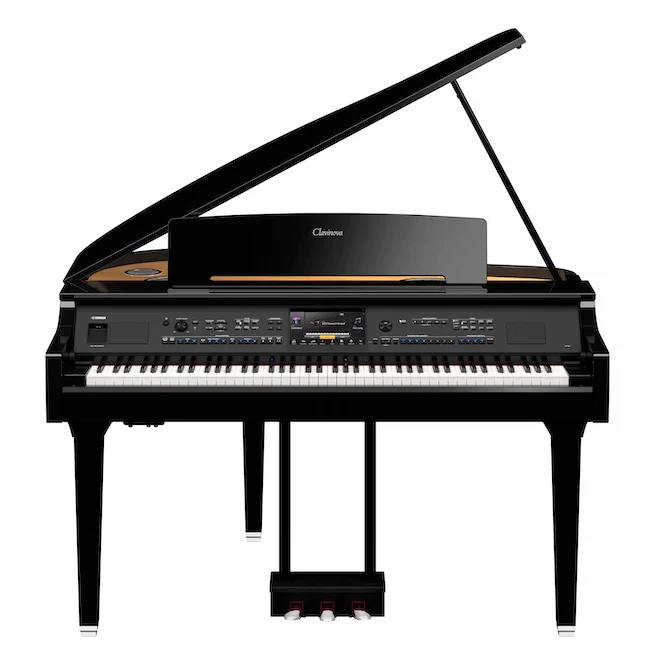 Yamaha Clavinova digital grand piano in polished black finish, featuring advanced control panel and pedals.