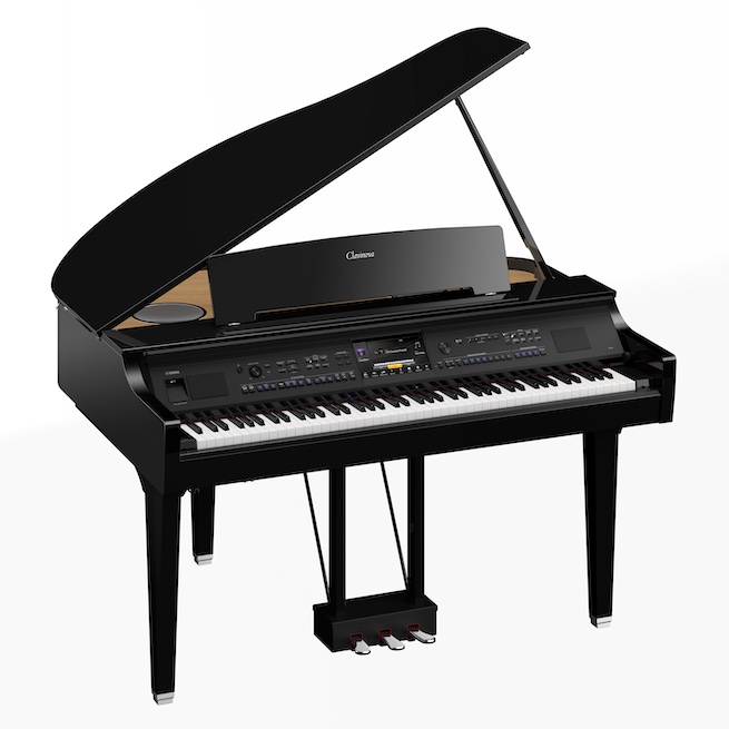 Yamaha Clavinova digital grand piano with polished ebony finish and advanced control panel.
