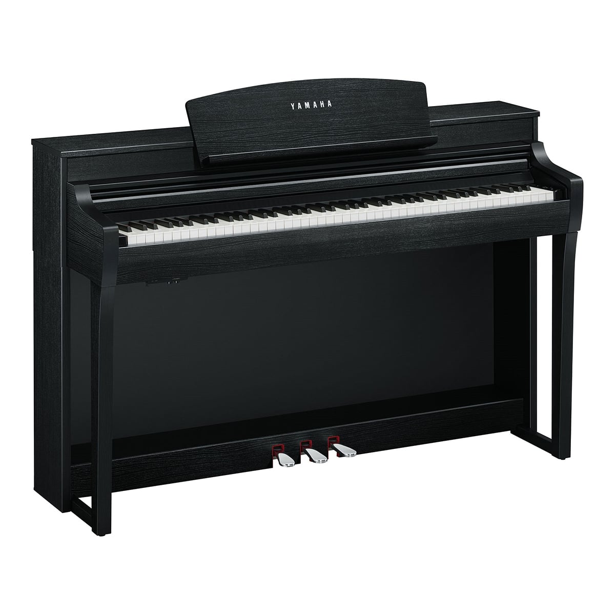 Yamaha upright digital piano in black finish, showcasing three pedals and sleek design.