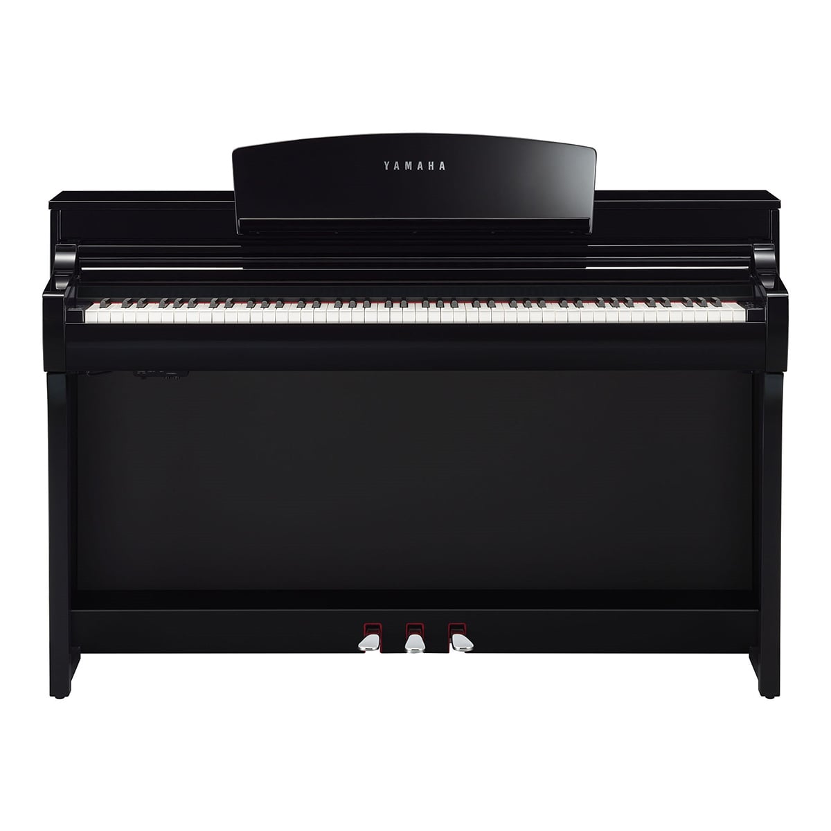 Yamaha digital piano in black finish, front view, with visible keyboard and pedals.