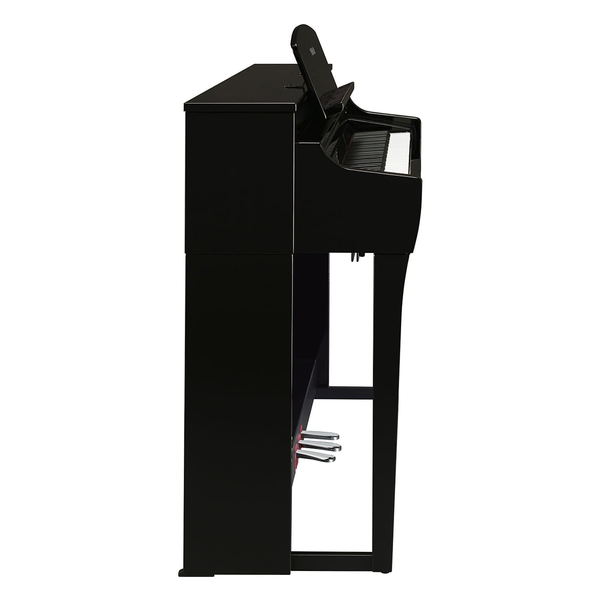 Black upright digital piano with glossy finish, side view.