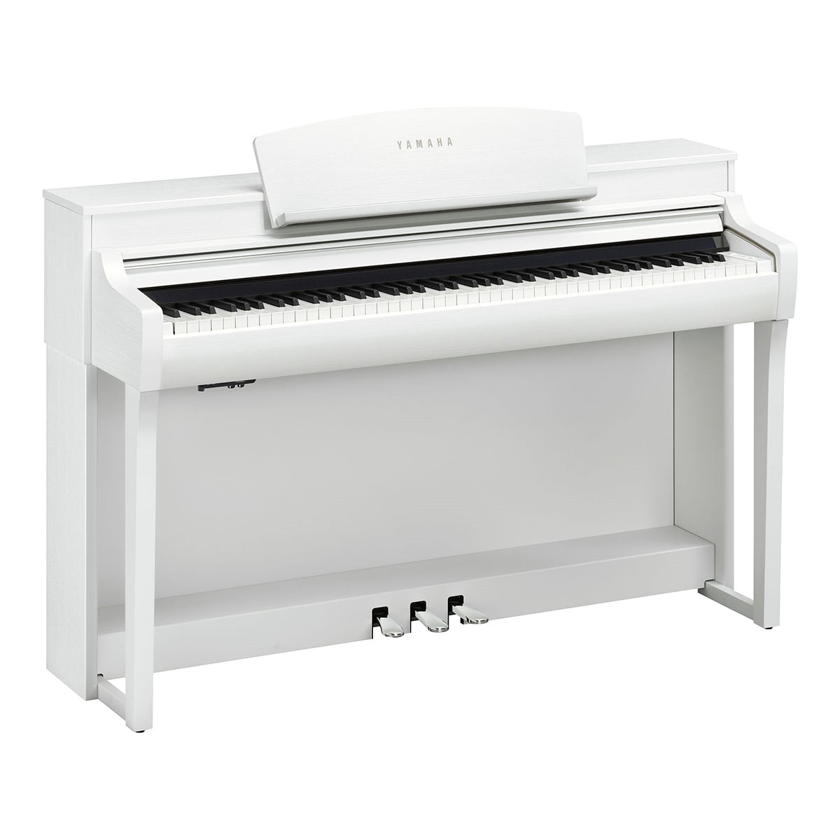 Yamaha digital upright piano in white finish with three pedals.