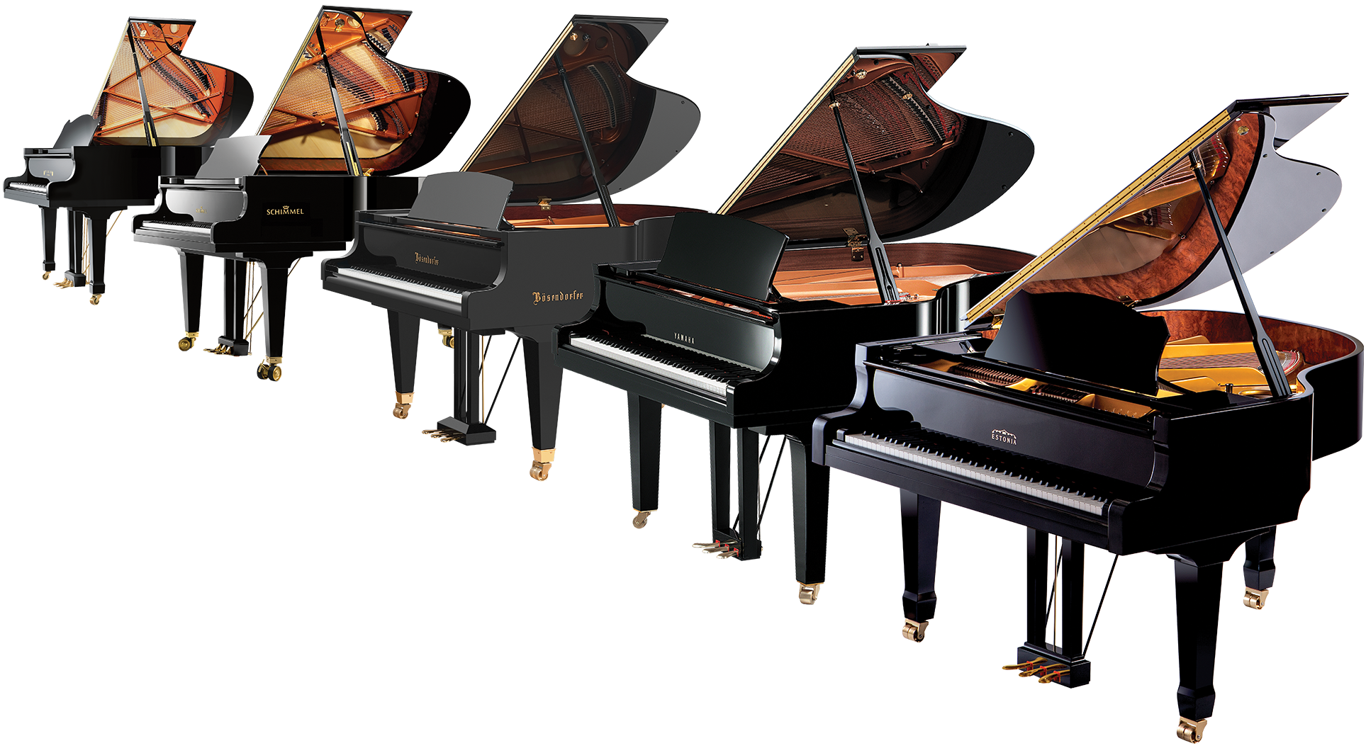 Collection of grand pianos including Steinway, Yamaha, and Bösendorfer, showcasing premium craftsmanship and design.