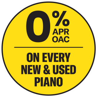 Promotional sticker: 0% APR financing on all new and used pianos at Classic Pianos Reno, enhancing your musical purchase.