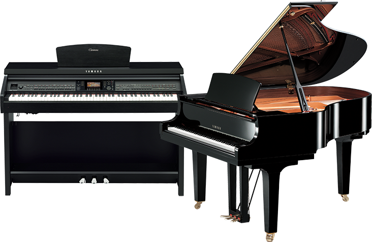 Yamaha digital piano and black grand piano displayed side by side.