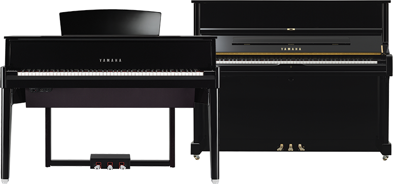 Yamaha upright and digital pianos in sleek black finish displayed side by side.