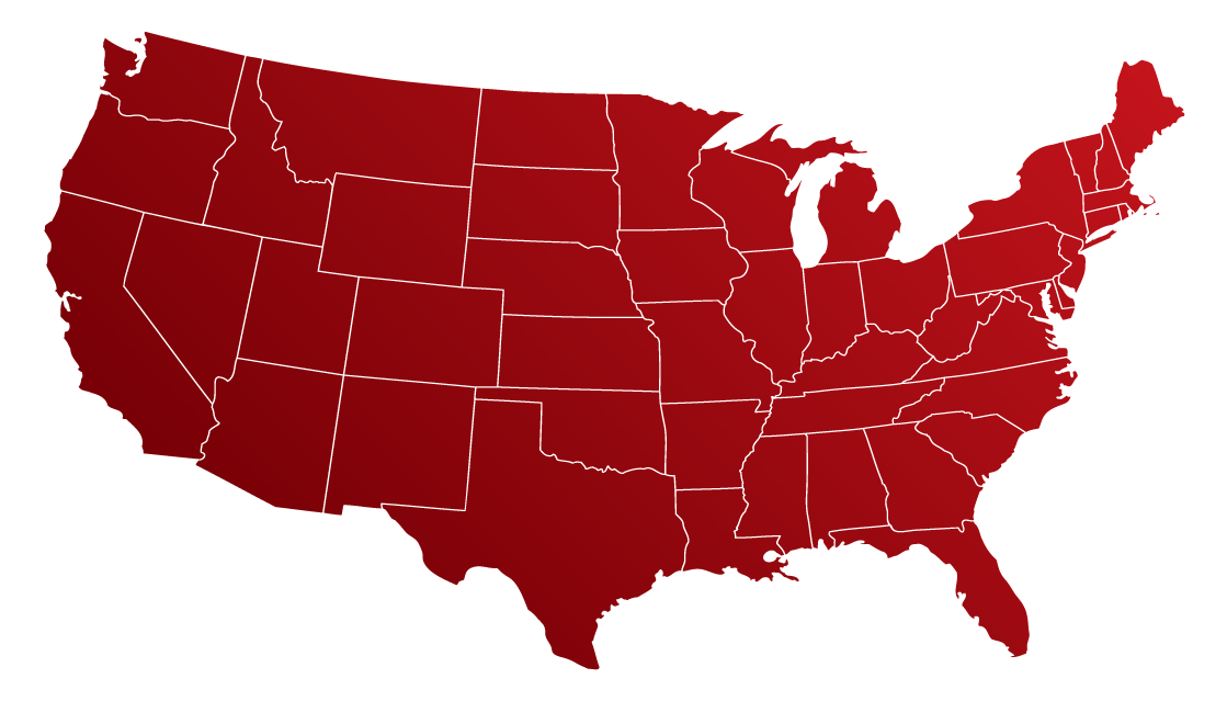 Map of the continental United States highlighted in red.